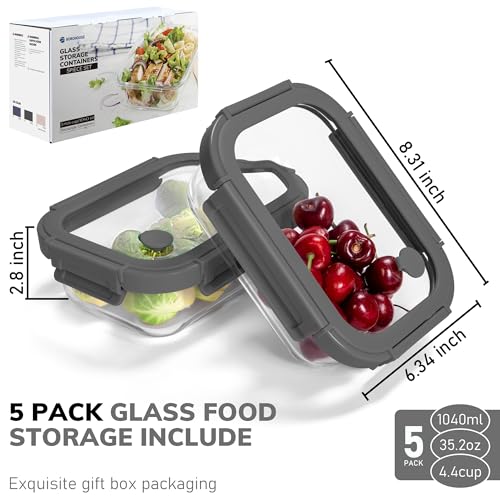 5-Pack Borosilicate Glass Containers with Tempered Glass Lids, 35.2oz/4.4 Cup Airtight Meal Prep Set, Microwave/Freezer Safe (Gray) - color: Tempered Lids Gray, size: 4.4 Cup*5