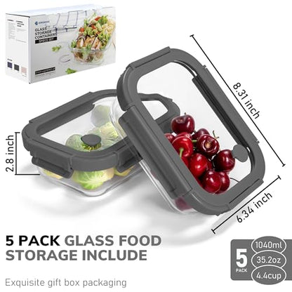 5-Pack Borosilicate Glass Containers with Tempered Glass Lids, 35.2oz/4.4 Cup Airtight Meal Prep Set, Microwave/Freezer Safe (Gray) - color: Tempered Lids Gray, size: 4.4 Cup*5