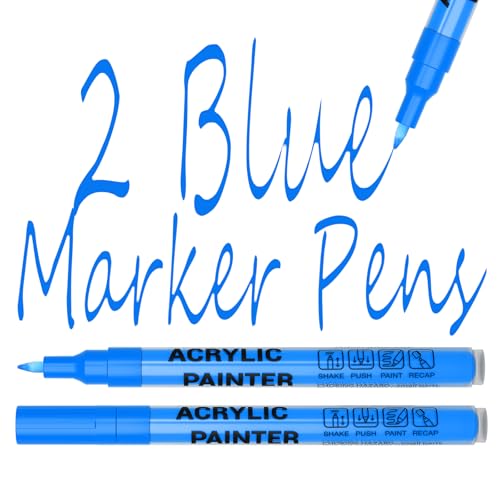 Acrylic Paint Pens Waterproof Markers 2 Blue Permanent Marker Pens Acrylic Pens for Rock Painting Glass Stone Ceramic Metal Fabric Pebble Painting pens Craft Supplies - color: Blue