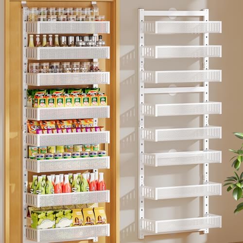POKIPO 8-Tier Over the Door Pantry Organizer, 2 IN 1 Wall Mount or Hanging Spice Rack with Adjustable Raised Basket, Heavy Duty Back of Door Storage for Kitchen Bathroom Laundry Room - color: White