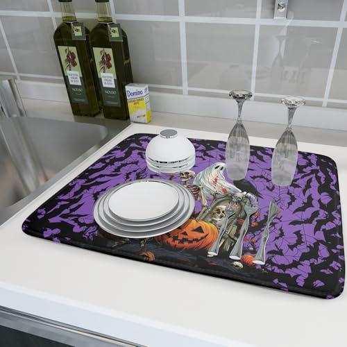 Giwawa Halloween Pumpkin Dish Drying Mat 18x24 inch Spooky Ghost Bat Dish Rack Mats Microfiber Draining Pad Fast Dry Holiday Kitchen Accessories - color: Halloween Purple, size: 18x24 inch