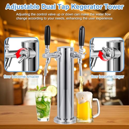 Adjustable Dual Tap Kegerator Tower Draft Beer Tower Pre-assembled Beer Keg Tap Tower Stainless Steel Beer Dispenser Tower Stainless Core Self-Closing Beer Faucet for Homebrew Kegerator Parts