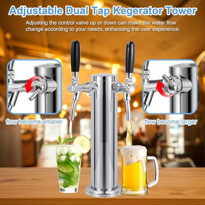 Adjustable Dual Tap Kegerator Tower Draft Beer Tower Pre-assembled Beer Keg Tap Tower Stainless Steel Beer Dispenser Tower Stainless Core Self-Closing Beer Faucet for Homebrew Kegerator Parts