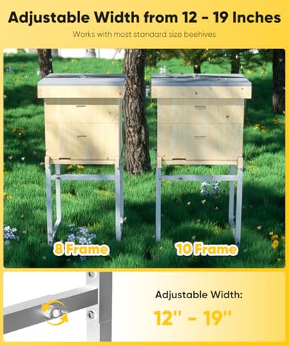 Mondazie Adjustable Metal Bee Hive Stand with 120-Inches Strap for 8 & 10 Frame Beehives Box, 12 to 19 Inches Width Beehive Frame Holder, Heavy Duty Flow Hives Stands Base for Beekeeping, White - color: White - Standard