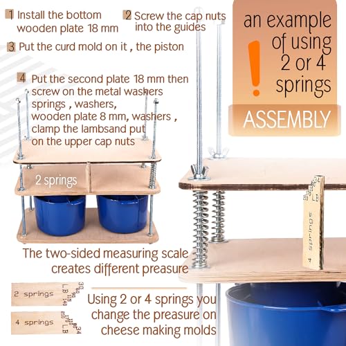 Wooden Cheese Press For Cheese Making Supplies 16 In Plywood 1/2 in Thick - Cheese Making Kit With Wooden Cheese Press and 2 Cheese Molds 1/2 Gal, Cheesecloth, Springs and Measuring Scale Included