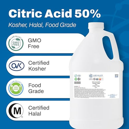 Lab Alley Citric Acid 50% Solution, FCC/Food Grade, Kosher Certified, Halal, GMO-Free, Great for Cooking and Cleaning - 1 Gallon - size: 1 Gallon