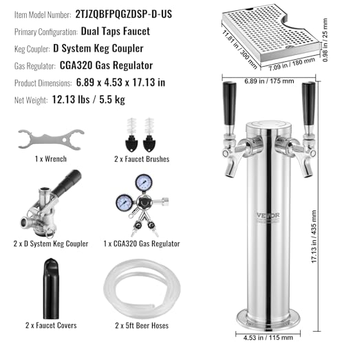 VEVOR Kegerator Tower Kit, Dual Taps Beer Conversion Kit, Stainless Steel Keg Beer Tower Dispenser with Dual Gauge CGA320 Regulator & D-System Keg Coupler, Beer Drip Tray for Party Home - style: Dual Taps