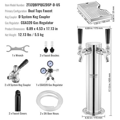 VEVOR Kegerator Tower Kit, Dual Taps Beer Conversion Kit, Stainless Steel Keg Beer Tower Dispenser with Dual Gauge CGA320 Regulator & D-System Keg Coupler, Beer Drip Tray for Party Home - style: Dual Taps
