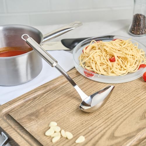 Restaurantware Stainless Steel Soup Ladle with Pour Spout - German Standard Gravy Ladle, Dishwasher Safe, Heat Resistant - Easy Pour Spout Ladle for Serving Soup, Sauce, Gravy - style: Pour Spout Ladle