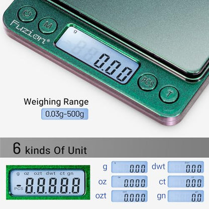 Fuzion Digital Scale .01 Gram Accuracy, 500g Mini Food Scales for Small Jewelry, Gold, Herb, Spice - Weight Gram and Oz - color: Ombré Purple-Green