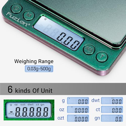 Fuzion Digital Scale .01 Gram Accuracy, 500g Mini Food Scales for Small Jewelry, Gold, Herb, Spice - Weight Gram and Oz - color: Ombré Purple-Green
