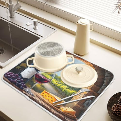 Red Wine Glasses with Grape Cheese Farm Dish Drying Mats for Kitchen Counter Absorbent Microfiber Dish Drying Matt 16 x 18 Inch Draining Reusable Rack Pad - size: 16x18in