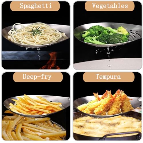 Stainless Steel Mesh Spider Strainer Wooden Handle On Pasta Noodle | 304 stainless steel fine mesh spoon,metal strainer,large draining design,multipurpose kitchen tool for fruit food straining - size: Large size