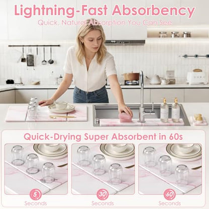 3 PCS Large Stone Dish Drying Mat for Kitchen Counter -24"x16" Absorbent Diatomaceous Earth Mat with Stone Faucet Mat & Soap Tray - Quick Dry, Collapsible, Non-Slip Countertop Organizer - color: PINK Marble
