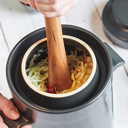 HomeBuddy Fermentation Crock (1 Gallon) with Weights, Acacia Wood Pounder and Recipie Book - Sauerkraut Fermentation Kit, Onggi Kimchi Jar, Fermenting Crock for Pickling or Sourdough - color: Black