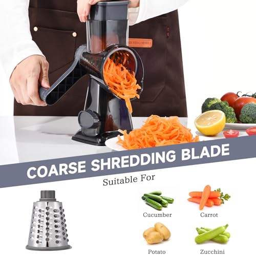 Rotary Cheese Grater with Handle Kitchen Shredder Slicer Grater Slicer Ice Shaver Cheese Vegetable Nuts Potato Zucchini Chocolate 3 Interchangeable Blades (Grey TSP) - color: Dark Grey TSP