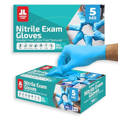 London Labs Sky Blue 5 Mil Nitrile Exam Gloves Disposable Latex Free | Medical Rubber Gloves for Doctors, EMT, First Aid Kit, Food Service & Cleaning | Pack of (200 CT) - size: X-Small, style: Sky Blue - 200 Count