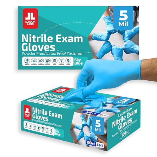 London Labs Sky Blue 5 Mil Nitrile Exam Gloves Disposable Latex Free | Medical Rubber Gloves for Doctors, EMT, First Aid Kit, Food Service & Cleaning | Pack of (200 CT) - size: X-Small, style: Sky Blue - 200 Count