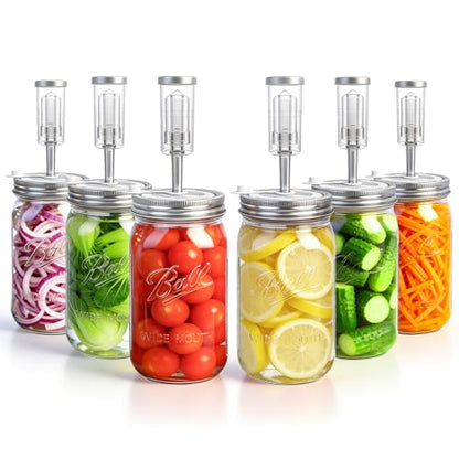 Fermentation Lids for Wide Mouth Mason Jars, 6 Set Fermentation Kit with Date Tracker, Stainless Steel Fermenting Lids with Airlocks, Silicone Rings & Grommets (Jars Not Included)
