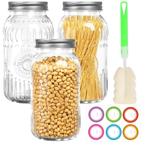 64oz Glass Wide Mouth Mason Jars, 3 Pack with Sunflower Pattern | Large Half Gallon Mason Jars with Airtight Lids & Bands for Pantry, Canning, Fermenting & Pickling or Storing - color: Clear-64oz-3pcs-01