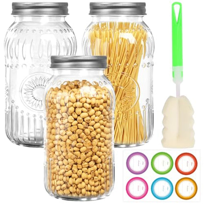 64oz Glass Wide Mouth Mason Jars, 3 Pack with Sunflower Pattern | Large Half Gallon Mason Jars with Airtight Lids & Bands for Pantry, Canning, Fermenting & Pickling or Storing - color: Clear-64oz-3pcs-01
