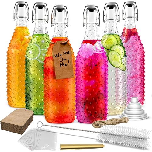 Nevlers 33 Oz Swing Top Glass Bottles with Lids 6 Pk Clear Wine Bottle Set | Dotted Flip Top Glass Bottle with Shrink Wrap, Funnel, Brush, Marker & Tags | Kombucha, Dressing or Coquito Bottles with Caps - size: 6 Pack, style: Dotted