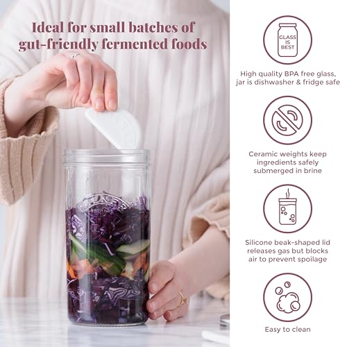 Kilner 1 Litre Fermentation Jar Set Wide Mouth Glass Jar with Silicone Valve Lid, Ceramic Weights & Recipe Booklet, Ideal for Small Batch Fermentation - size: 1 Litre Set