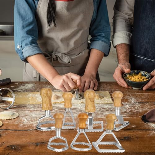 Tiiyee Ravioli Stamp Set, Pasta Cutter Press Dumplings Maker Mold Dough Dumpling Crimper Cookies Making Tool Wooden Handle Fluted Edge Kitchen Attachment Round Square Heart Shape for Lasagna Pierogi