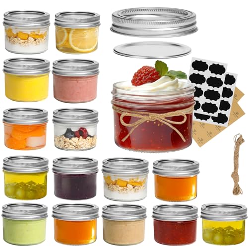 ComSaf 4 oz Mini Mason Jars Bulk Set, 16 Pack Glass Jars with Lids | BPA-Free Materials, Spice Rack, Small Jam, Honey Samples, Wedding Favors, DIY Candles, Labels and Twine - size: 4oz*16 regular mouth