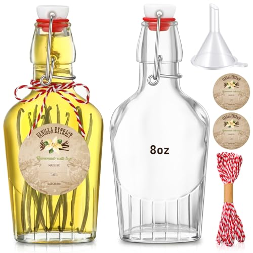 Uiifan 2 Pack 8 oz Vanilla Extract Bottles with Swing Top Flask Whiskey Pocket Glass Flask for Homemade Vanilla Extract Lemon Kombucha Water Apply Christmas Wedding Gift - color: Clear, size: 8 oz