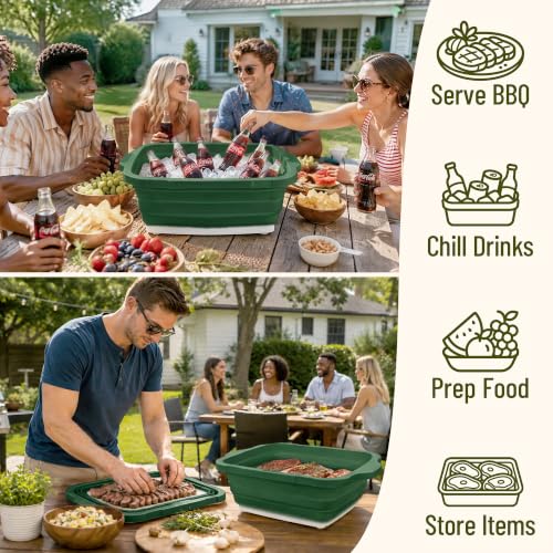BBQ Prep Tub 3-IN-1 Large 16L Collapsible Cutting Board with Locking Lid for Meal Prep Marinating Food, Camping Sink with Colander, Dish Basin, Storage Blanket for Camping Picnic BBQ, Green - color: Green 16L