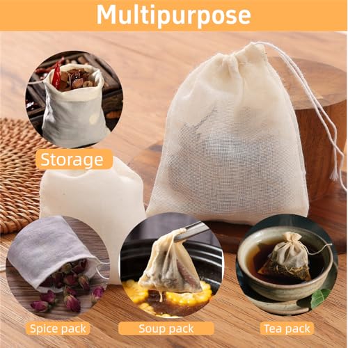 [50-Pack Natural Unbleached] Cotton Muslin Drawstring Bags,Reusable Tea Bags for Loose Leaf Tea/Spice Bags for Cooking Soup/Herb/Cooking -Small Cotton Cheese Cloth Bag for Straining(3x4") - size: 3x4"