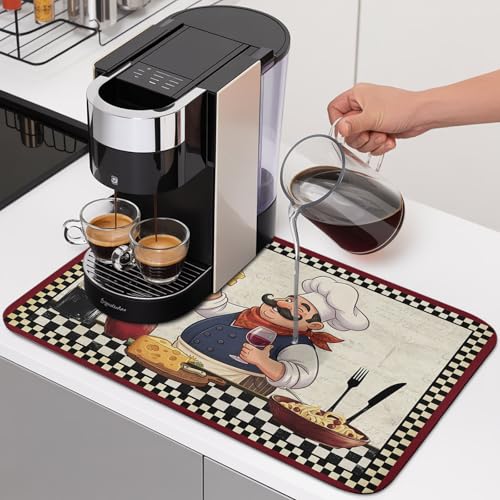 Retro Cartoon Chef Dish Drying Mats for Kitchen Counter, Vintage Wine Cheese Farmhouse Traditional Black Plaid Absorbent Coffee Bar Mat with Non-slip Rubber Backed Quick Drying Dish Rack Pad 16"x24" - color: Red, Beige, Green, size: 24" x 16"