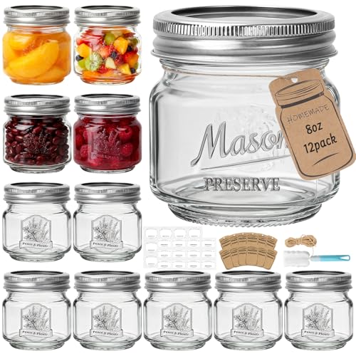 8 oz Glass Mason Jars ，12 Pack Glass Canning Jars with Airtight Lids | Pickling Jars for Jelly, Jam, Honey, Pickles, Spice, Essential Preserver for Home Storage and Gifting - color: 8oz-15pack-Mason