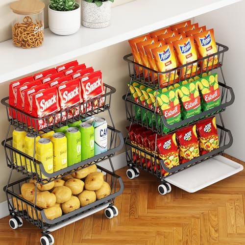 3-Tier Rolling Pantry Cart with Wheels, Stackable Wire Storage Floor Organizer for Kitchen Pantry Snack Shelves, Fruit Basket Stand, Vegetable Storage Rack for Food Snacks Onion Potato - color: 3 Tier-black (1 Pack)