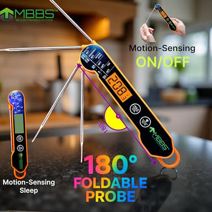 Instant Read Meat Thermometer for Cooking | Waterproof IP67 & Ultra Fast | Digital Food Thermometer for Grill, Kitchen, BBQ Smoker,(∘C/∘F Switchable) - color: Orange