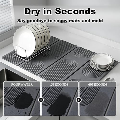 Large Stone Dish Drying Mat for Kitchen Counter,Collapsable Stone Dish Drying Mat with Diatomaceous Earth for Quick Drying-Ultra Absorbent-Eco-Friendly,Foldable -23.6"×15.7" Dark Gray Curved Grooves - color: HXDK-Dark Grey