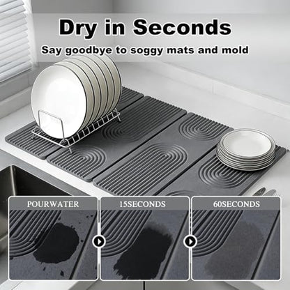 Large Stone Dish Drying Mat for Kitchen Counter,Collapsable Stone Dish Drying Mat with Diatomaceous Earth for Quick Drying-Ultra Absorbent-Eco-Friendly,Foldable -23.6"×15.7" Dark Gray Curved Grooves - color: HXDK-Dark Grey