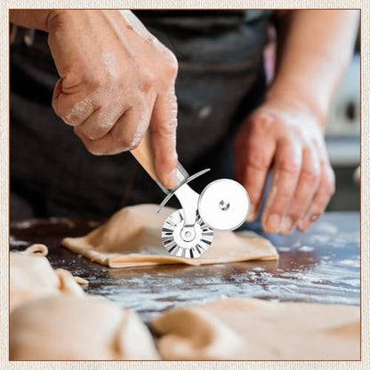 Pastry Cutter Wheel, Crinkle Wheel with Beech Wood Handle | 304 stainless steel crinkle blade, beech wood handle, multi-use for pizza pasta pastry cookie ravioli, 5 variants - color: Pastry Cutter Double Wheel