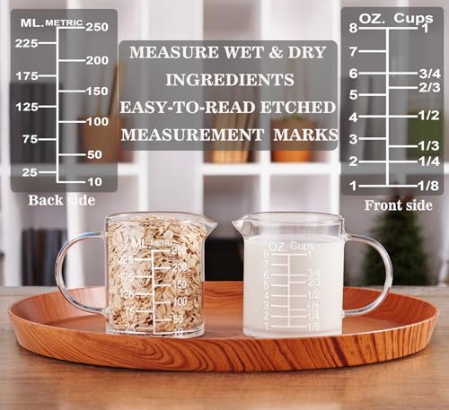 Ackers Etched Graduated Glass Measuring Cup - [Insulated Handle | V-Shaped Spout] - High Borosilicate Glass Measuring Cup for Kitchen or Dining, Easy to Read, 250ml (8oz, 1 Cup) - size: 250 ML (8 Oz, 1 Cup) - Etched Graduated