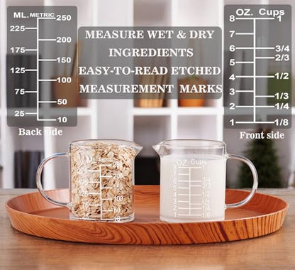 Ackers Etched Graduated Glass Measuring Cup - [Insulated Handle | V-Shaped Spout] - High Borosilicate Glass Measuring Cup for Kitchen or Dining, Easy to Read, 250ml (8oz, 1 Cup) - size: 250 ML (8 Oz, 1 Cup) - Etched Graduated