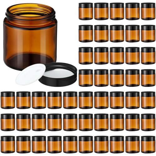 50 Pcs 2 oz Amber Glass Jars with Black Lids Leakproof Round Airtight Jars Empty Cosmetic Jars with Inner Liners Lid for Candle Making Storing Lotions Spice Powder Liquid Sample Makeup (Black,Amber) - color: Amber, size: 2 oz(50 Pcs)