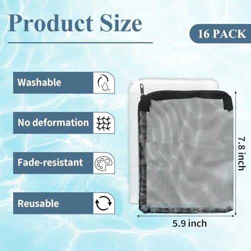 16 Pcs Aquarium Filter Media Bags Extra Fine, 7.8 x 5.9 Inch Filter Media Bag with Zipper, White & Black Aquarium Mesh Bag for Fish Tank Activated Carbon, Ceramic Rings