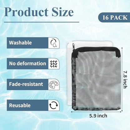 16 Pcs Aquarium Filter Media Bags Extra Fine, 7.8 x 5.9 Inch Filter Media Bag with Zipper, White & Black Aquarium Mesh Bag for Fish Tank Activated Carbon, Ceramic Rings