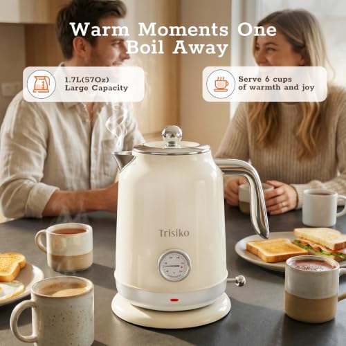 Trisiko® Electric Kettle with Thermometer, 1.7L / 57 oz White Electric Tea Kettle, 1200W Hot Water Kettle with Auto Shutoff, Boil-Dry Protection, 360-degree Cordless Base for Coffee and Tea