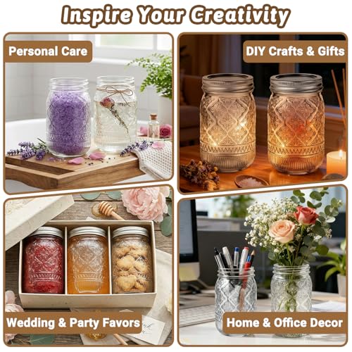 12 oz Embossed Mason Jars 20 Pack, Regular Mouth Glass Canning Jars with Airtight Split Lids, for Jams, Honey, Pickling, Fermenting, Meal Prep, Spices, Food Storage, Wedding Favors & DIY Projects - color: Clear04-12oz