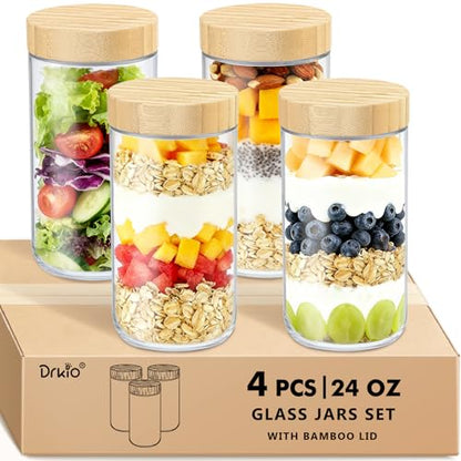 DRKIO 24 Oz Overnight Oats Containers with Bamboo Lids - 4 Pack Glass Storage Jars with Airtight Lids Wide Mouth Mason Food Jars Great for Meal Prep Salad Chia Pudding Snacks Yogurt Sugar Spice - color: 24 Oz - Natural