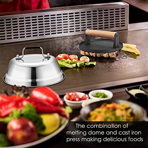 HaSteeL Melting Dome & Grill Press for Griddle, Stainless Steel 9In Basting Cover & Heavy Duty 7In Wooden Burger Press, Griddle Accessories Kit Great for Flat Top Teppanyaki Cast Iron Indoor Outdoor - size: 9" Dome & Round Press