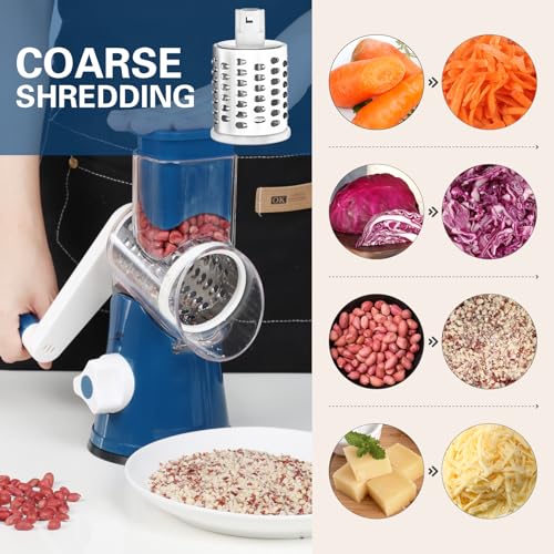 Cambom Rotary Cheese Grater Hand Crank Cheese Shredder for Fresh Cheese, Vegetable, Nuts,Non-slip Suction Base，Three Blades,Dark Blue - color: Dark Blue, size: 3 BLADES
