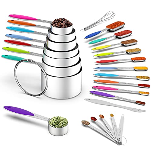 Measuring Cups and Measuring Spoons Set, Wildone Stainless Steel 8 Measuring Cups, 10 Measuring Spoons, 1 Leveler 1 Whisk & 5 Mini Spoons, for Dry and Liquid Ingredient - 25 Piece Multicolor - color: Multicolor, size: Set of 25